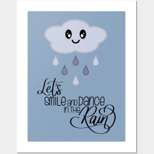 Let's Smile and Dance in the Rain Kawaii Cute Rain Cloud in Blue Posters and Art